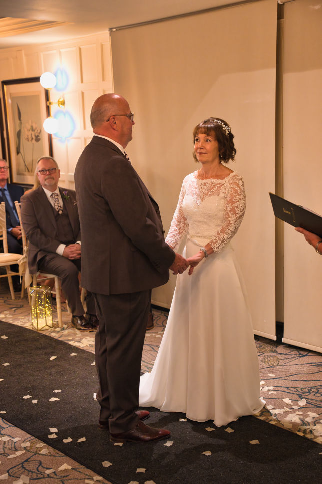 “Bride and groom at their wedding ceremony  at The Stanneylands Hotel in Wilmslow, Cheshire.”